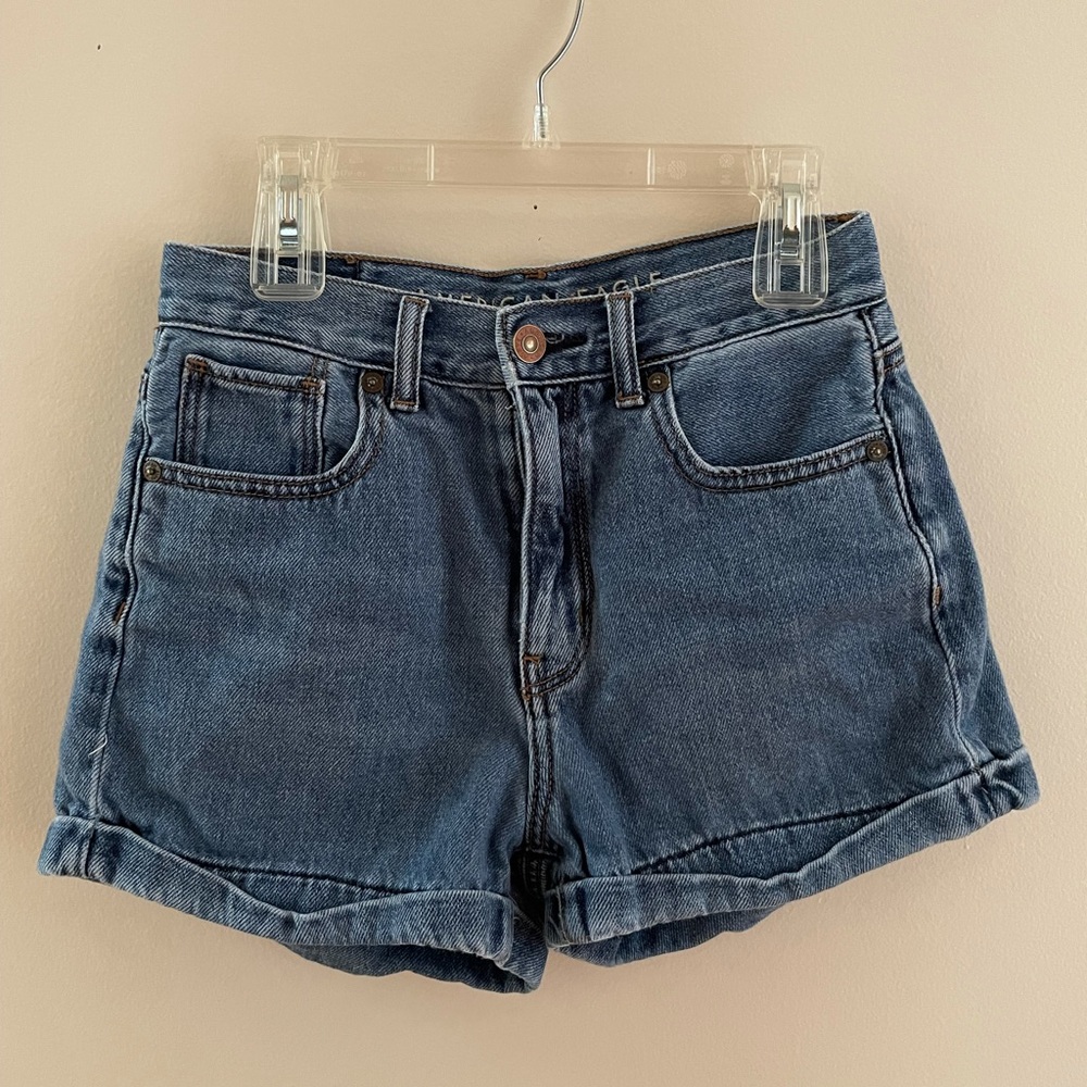 American Eagle high rise blue denim mom shorts